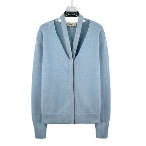 Fendi Light Blue Merino Wool V-Neck Halter Long Sleeve Knit Sweater